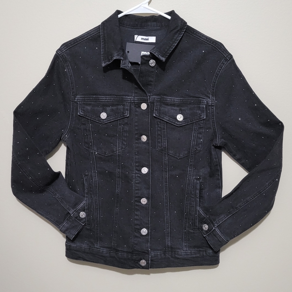NWT Mavi Jeans Jacket Black Wash Denim Karla All-Over Rhinestones Size XS